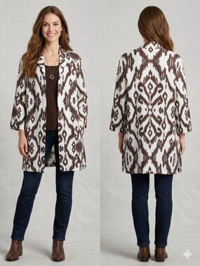 Chico's 100% Linen Topper Jacket Sz 2 L Large Brown White Ikat Boho Lagenlook